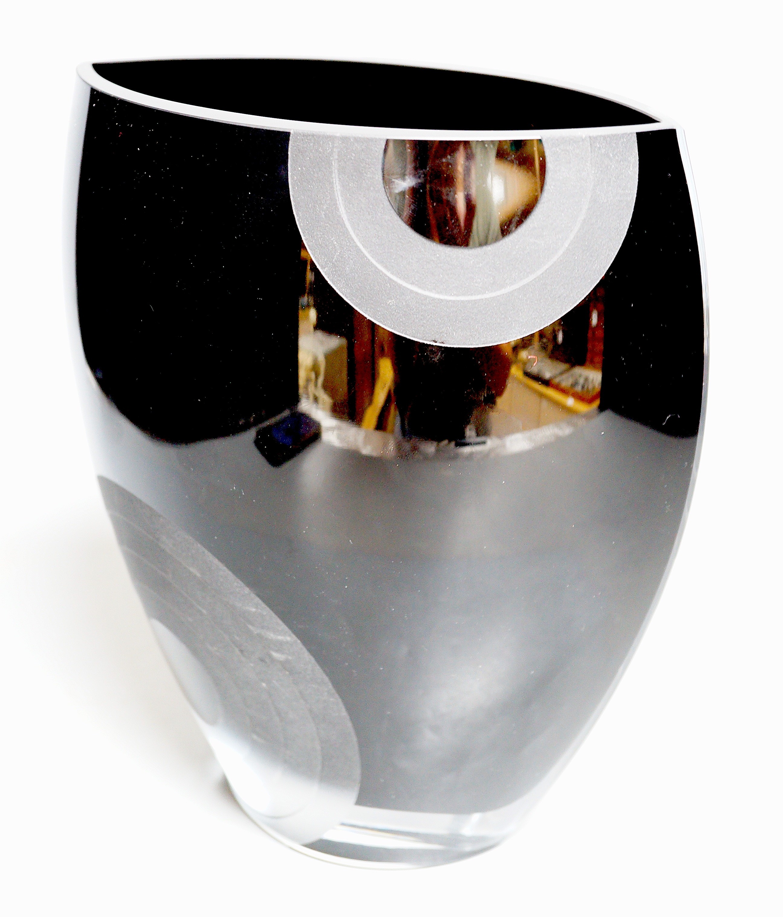 A large studio black glass elliptical vase, 25cm